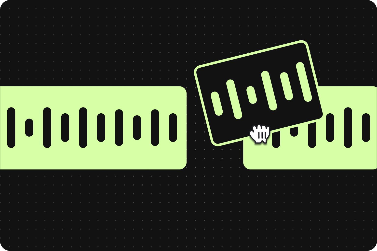 A hand cursor rearranging sound wave segments in an audio joiner interface.