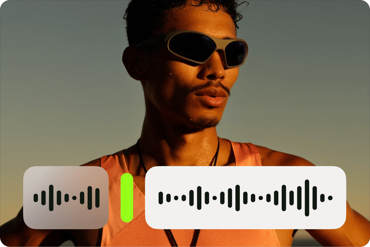 Man in sunglasses with audio waveform and volume slider overlay showing increase video volume and boost sound levels