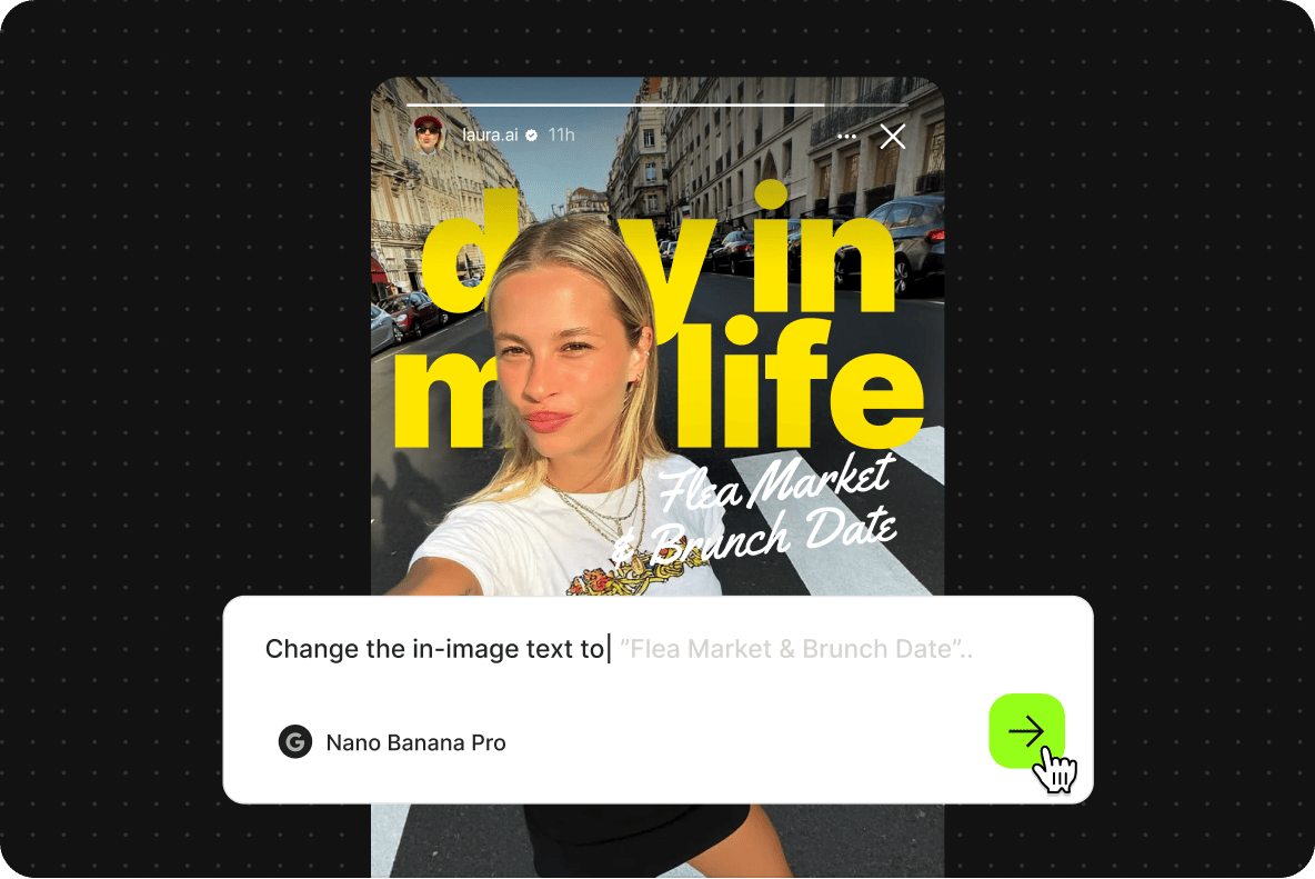 AI graphic tool interface showing a text prompt to change subtitle text on a lifestyle Instagram story template