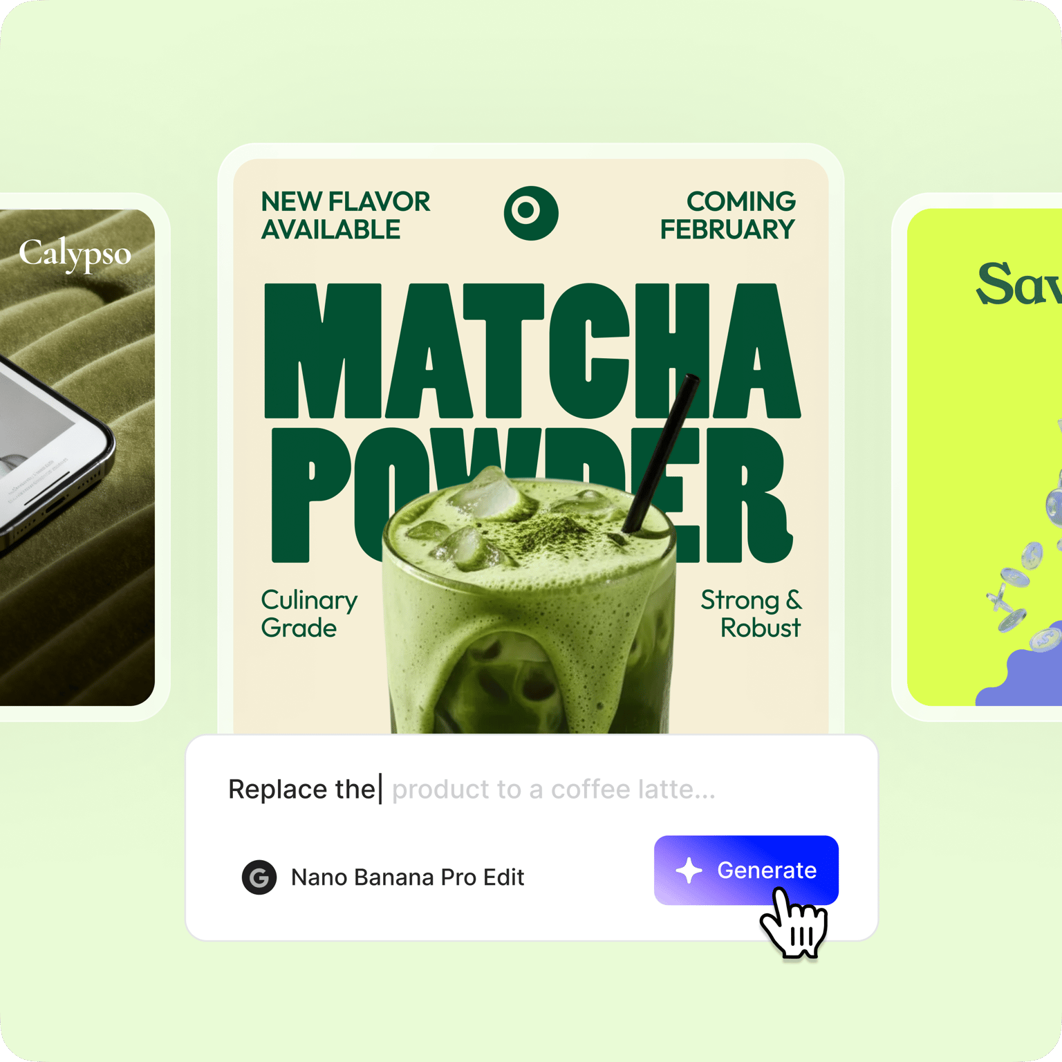 VEED template editor showing a customizable matcha product video with editable text 'NEW FLAVOR AVAILABLE' and 'COMING FEBRUARY'.