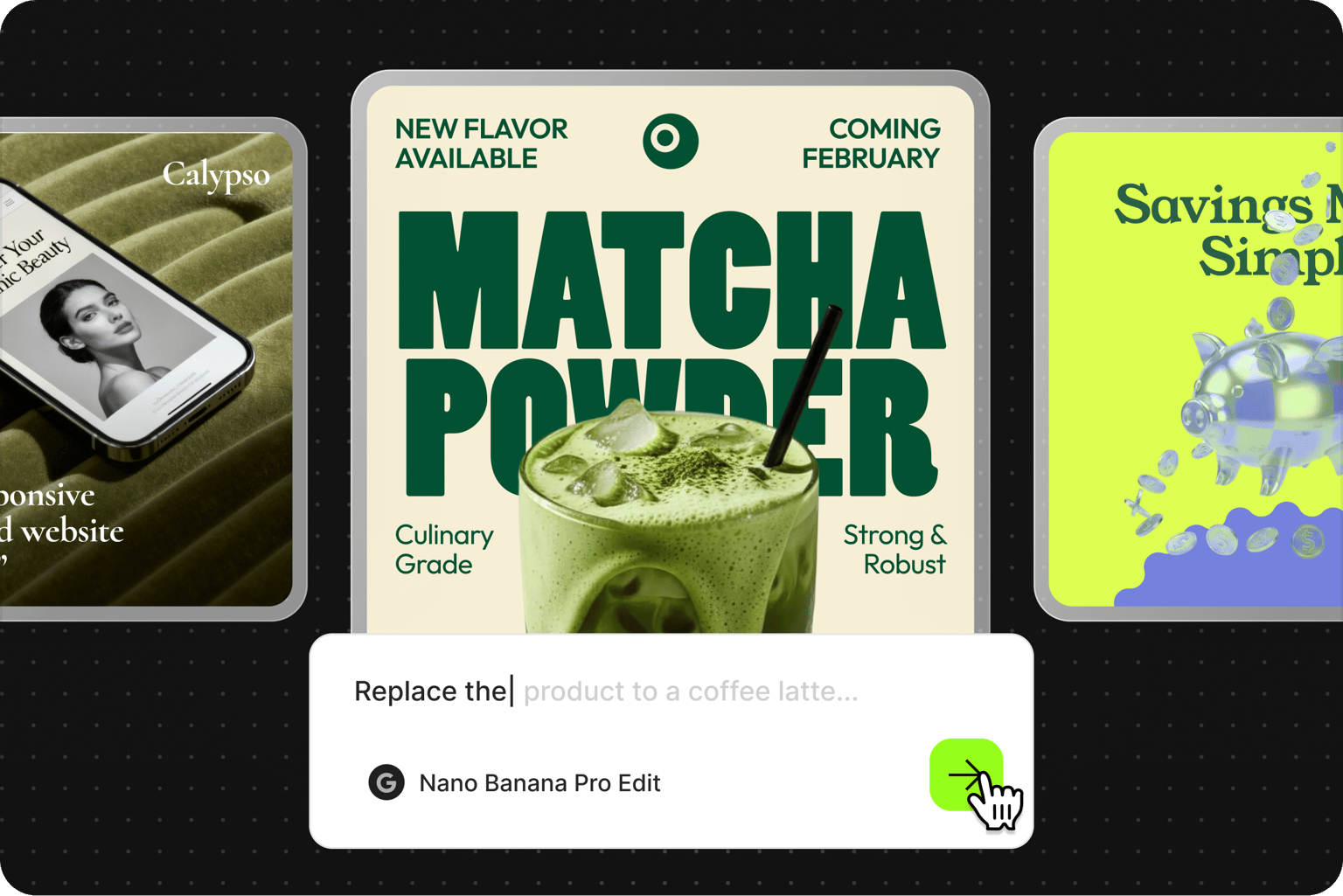 Static ads templates showing replace product to coffee latte prompt over a green matcha powder graphic
