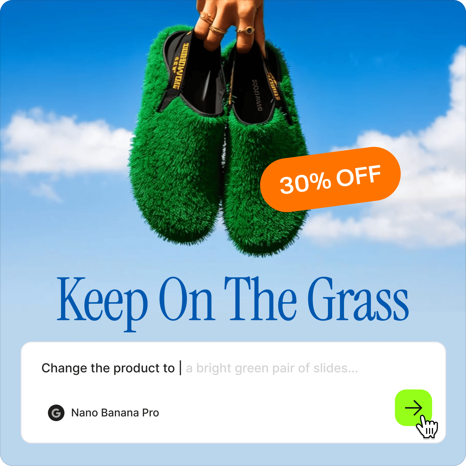 Static ads tool showing change product prompt over an ad for fuzzy green shoes with Keep On The Grass text