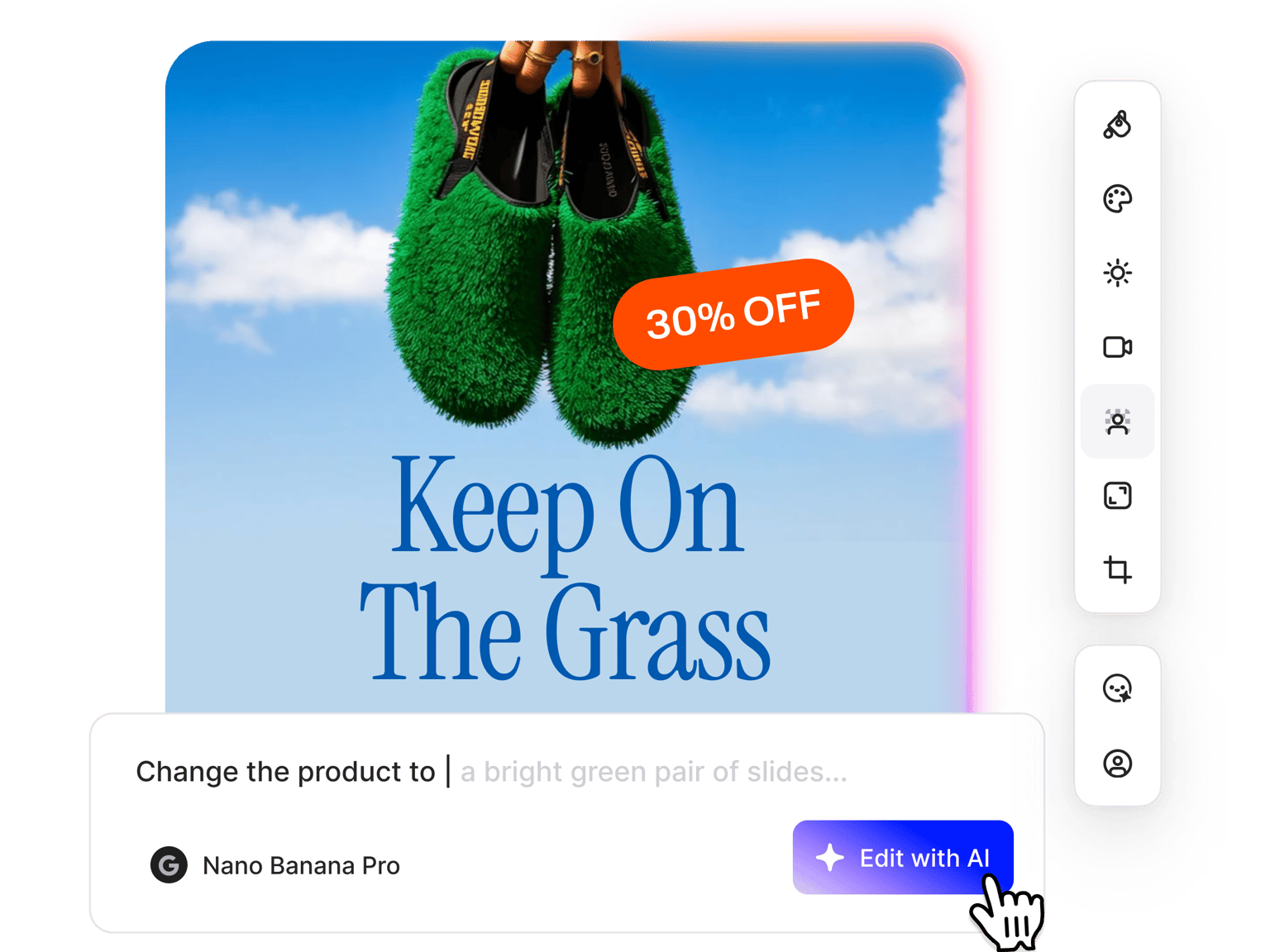 VEED Static Ads preview showing promotional ad with green product, '-30% OFF' badge, and 'Keep On The Grass' headline.