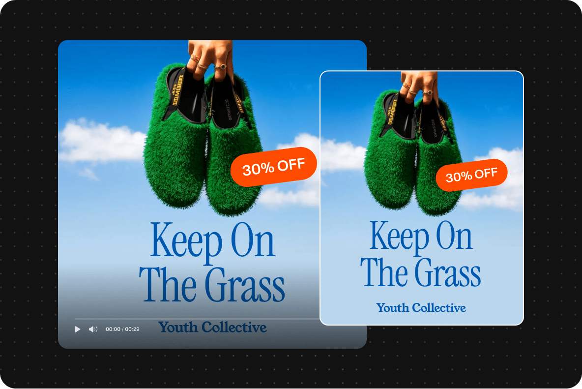 Side by side view of static and video Instagram post templates with matching product branding
