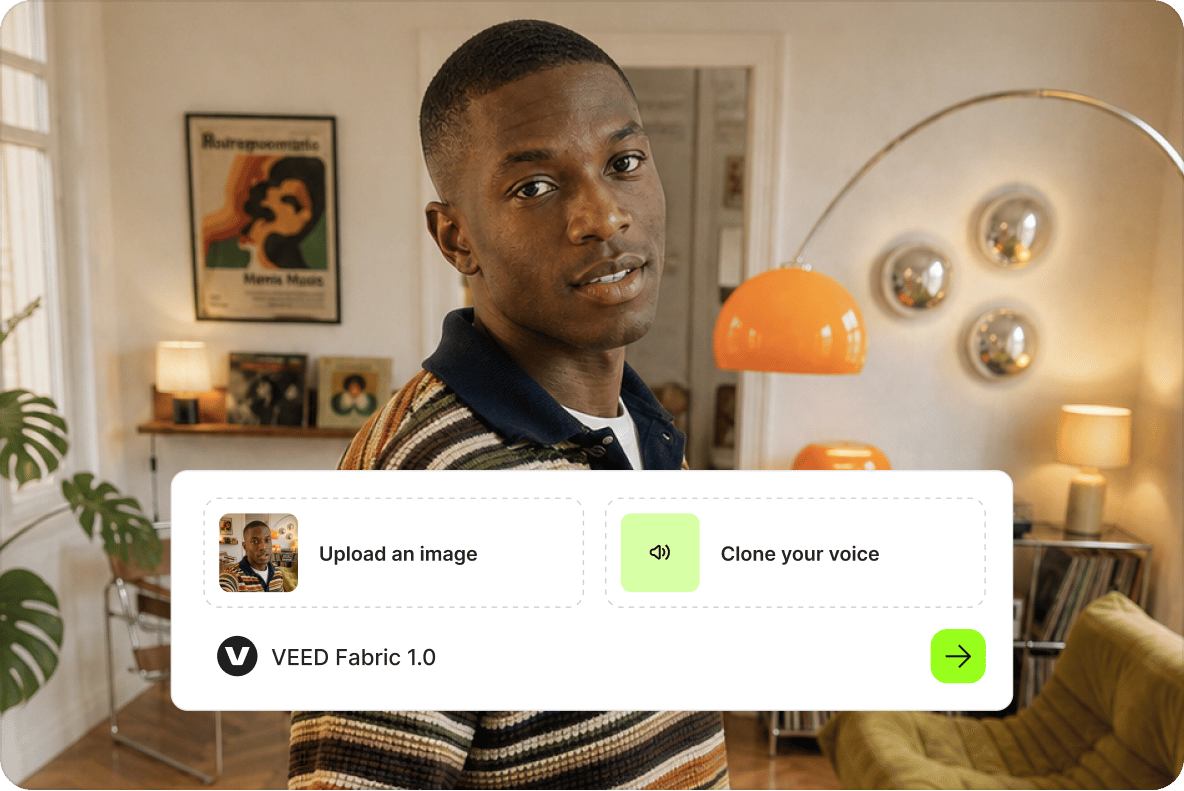 Man in a striped shirt standing in a room with a VEED Fabric 1.0 menu overlay showing options to add a character or audio.