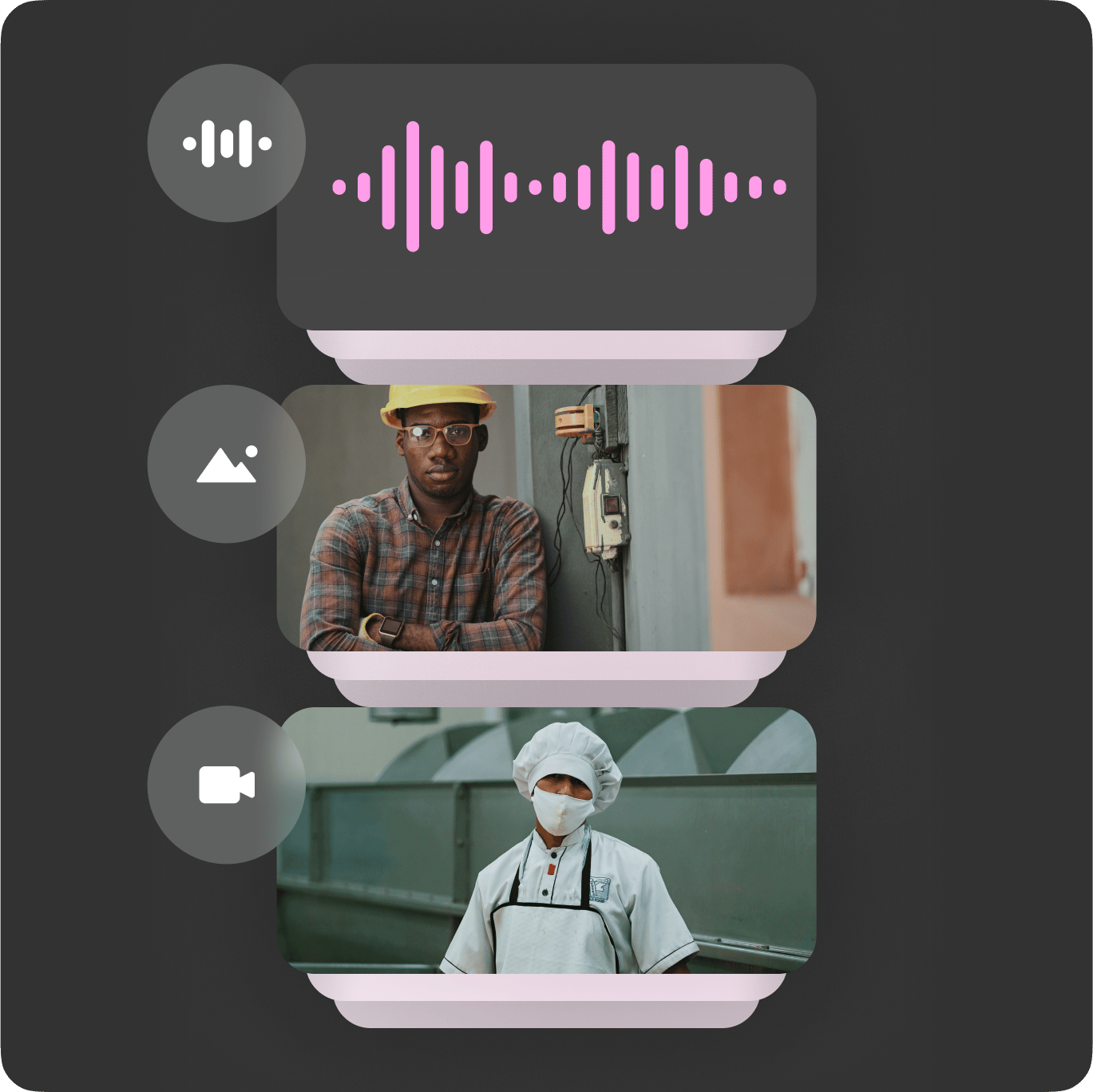 VEED Stock Library offering curated audio tracks, stock photography, and video assets.