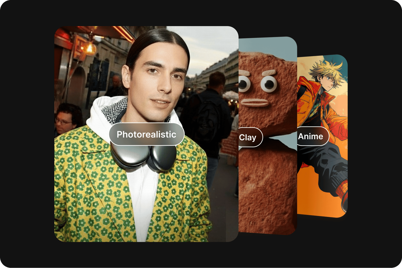 VEED's video generation tool creating studio-quality content, demonstrating diverse creative styles from professional streaming to animated video.