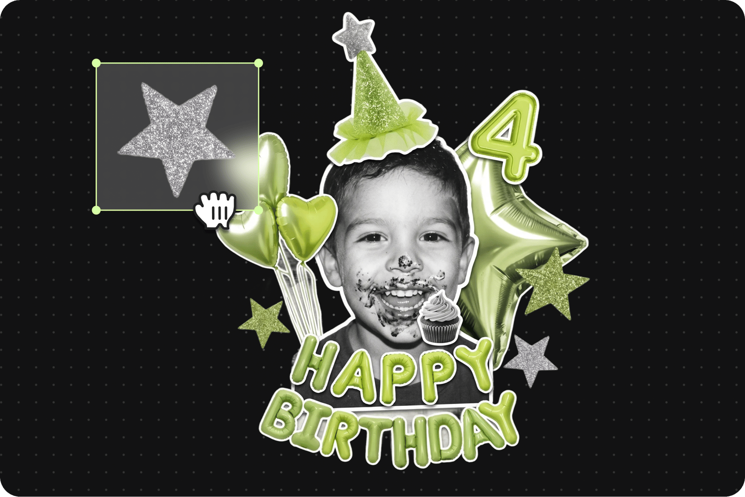Birthday video maker showing cursor editing a star next to a cutout of a smiling boy and green happy birthday balloons