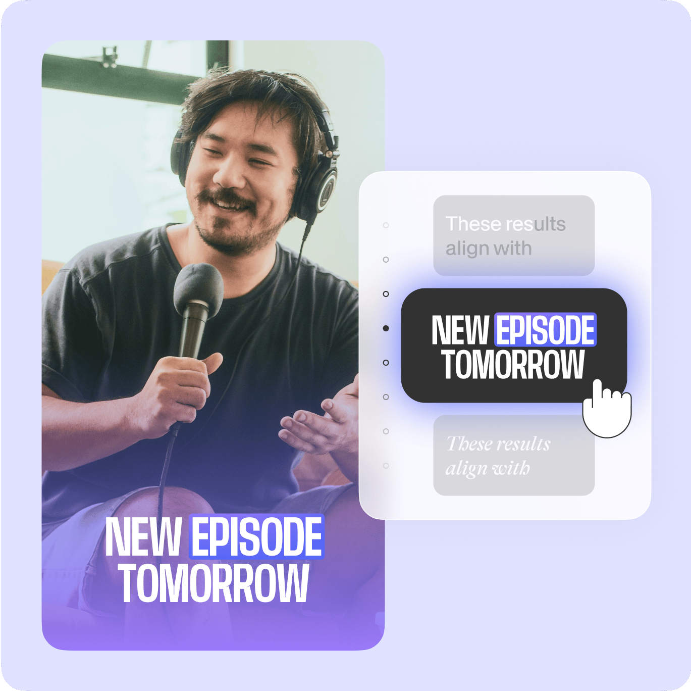 VEED's subtitle styles library showing podcast episode with "NEW EPISODE TOMORROW" caption styling options and templates.