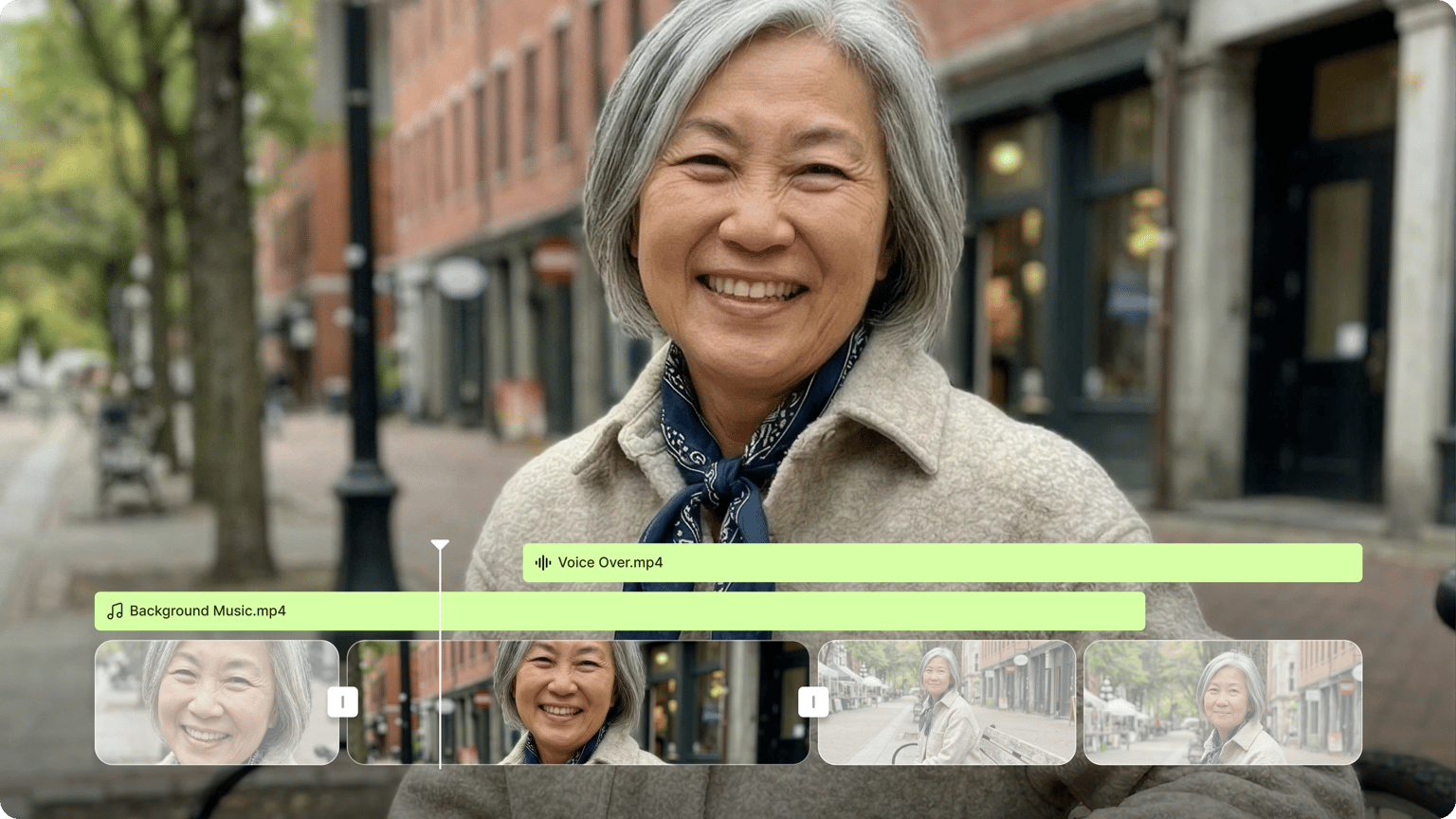Sync video to audio with video clips, voiceover, and background music aligned on a timeline.
