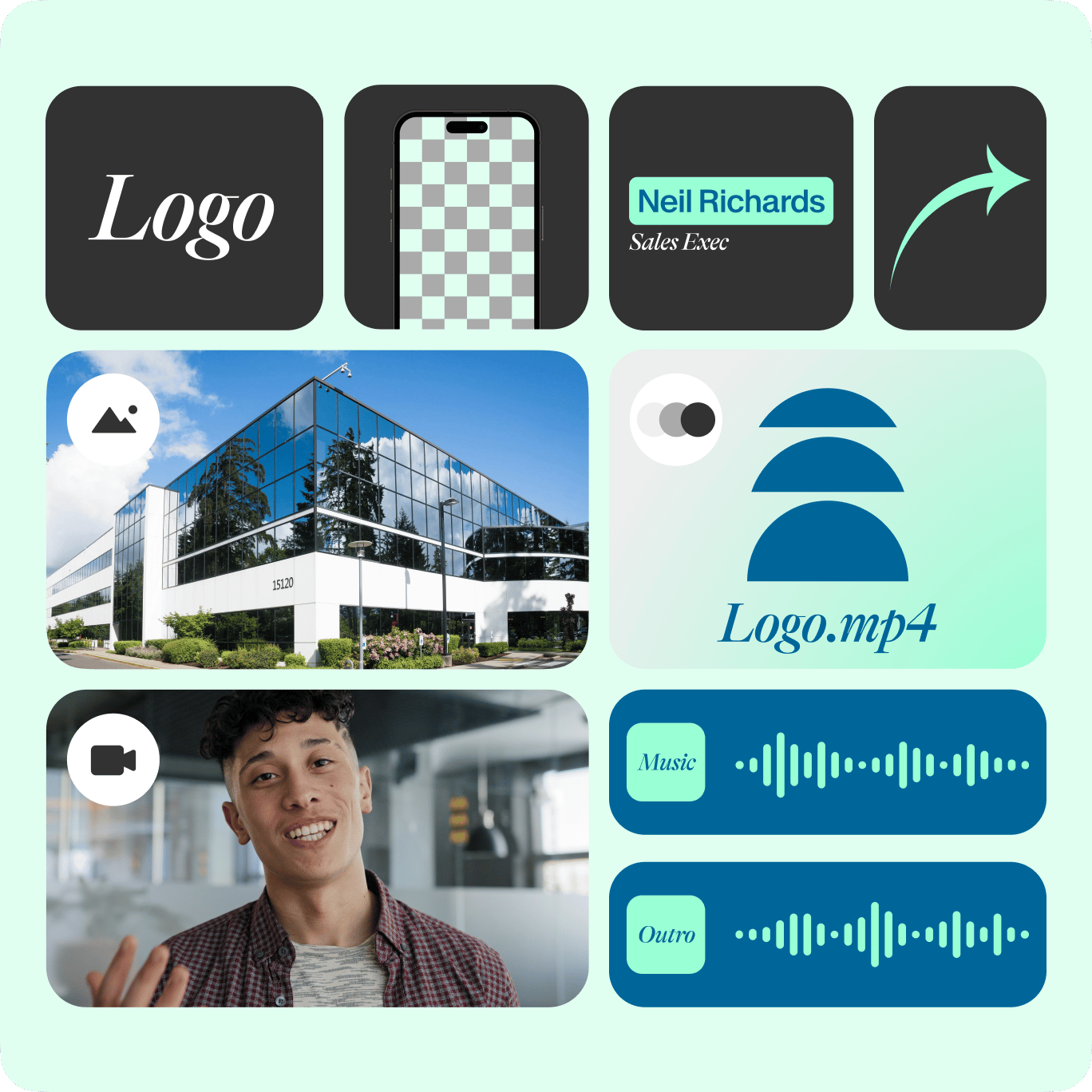 VEED Team Assets collection displaying logos, photography, video, and audio waveform components available for team use.