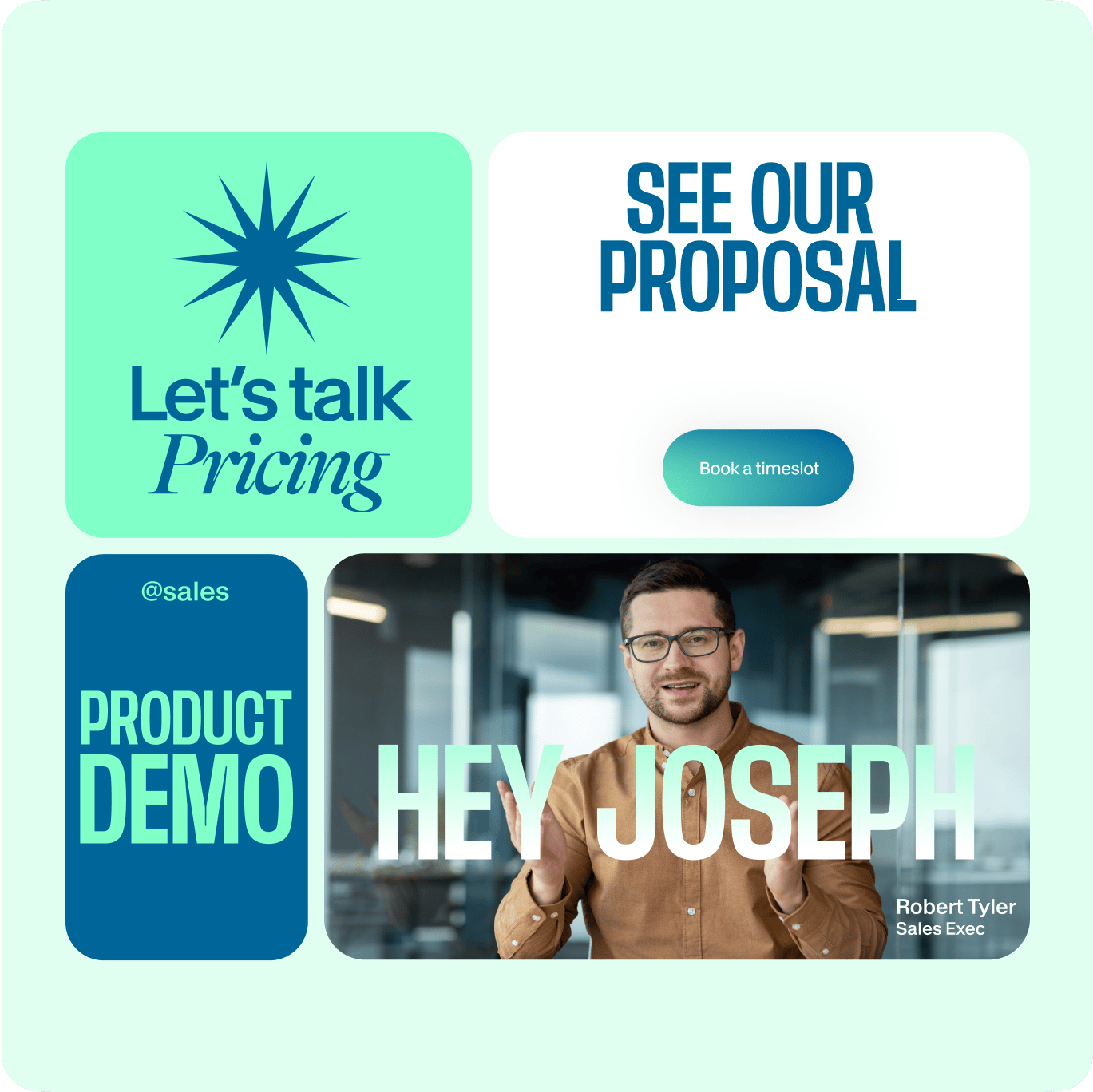 VEED template featuring 'Let's talk Pricing' section, 'See Our Proposal' call-to-action, and integrated product demo video.