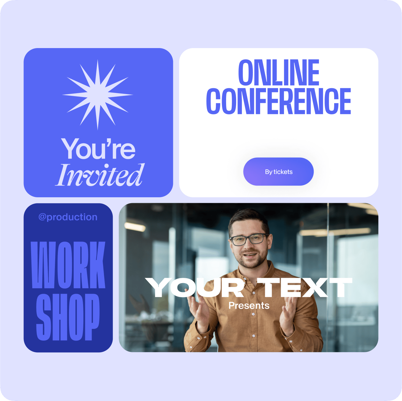 VEED template gallery featuring You're Invited, Online Conference, Workshop, and professional video templates to customize.
