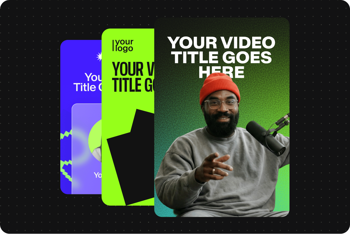 Colorful stacked video template mockups featuring a podcast host wearing a bright red beanie with a microphone.