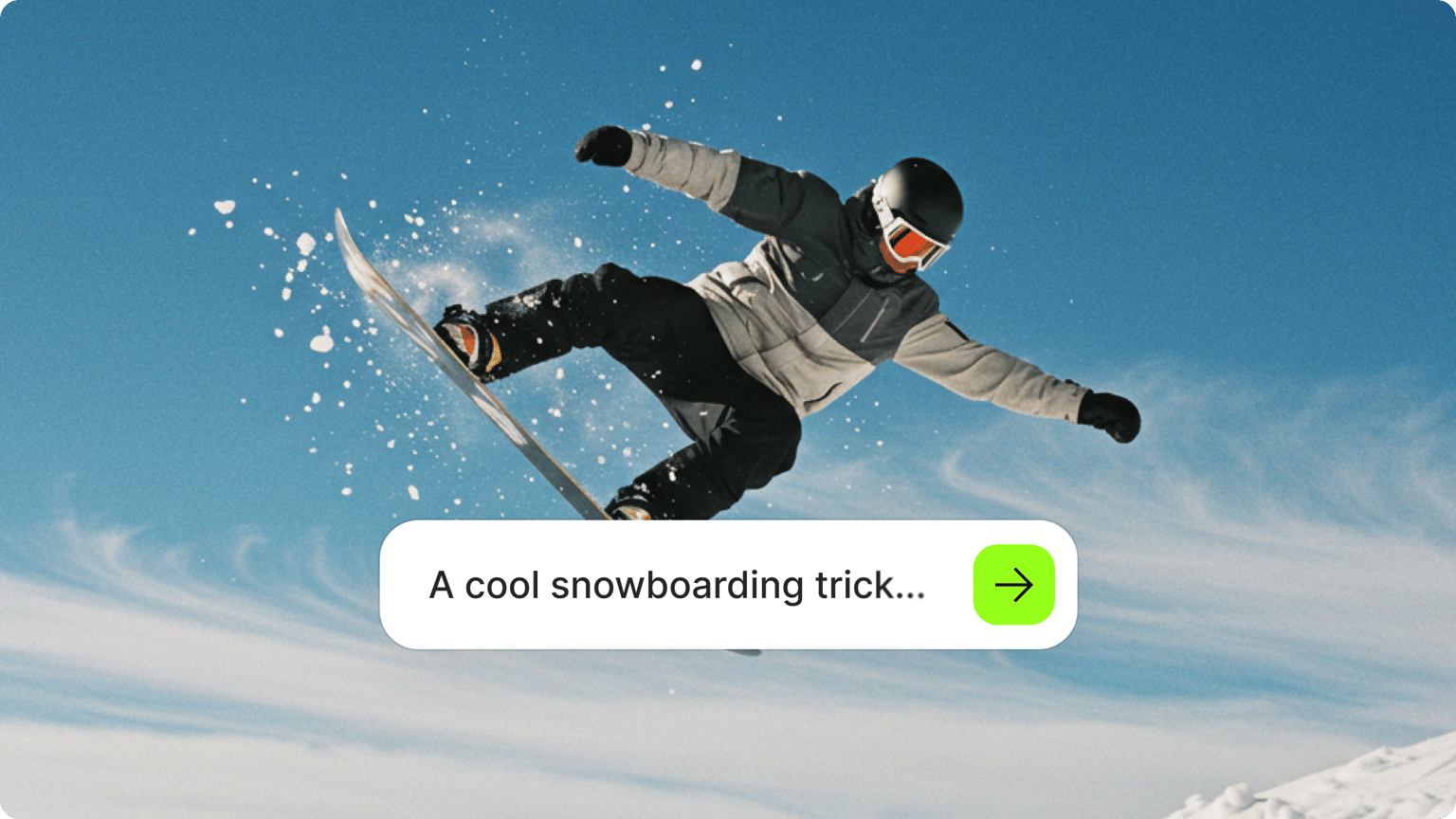 Snowboarder performing a trick mid air against blue sky with text to image AI generator prompt overlay.