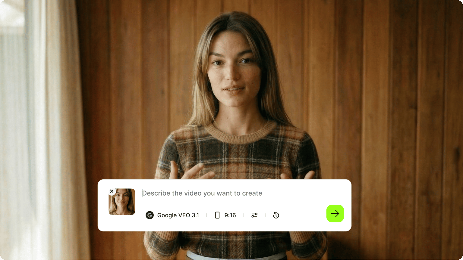 A woman speaking with a text to video AI template selection menu overlay.
