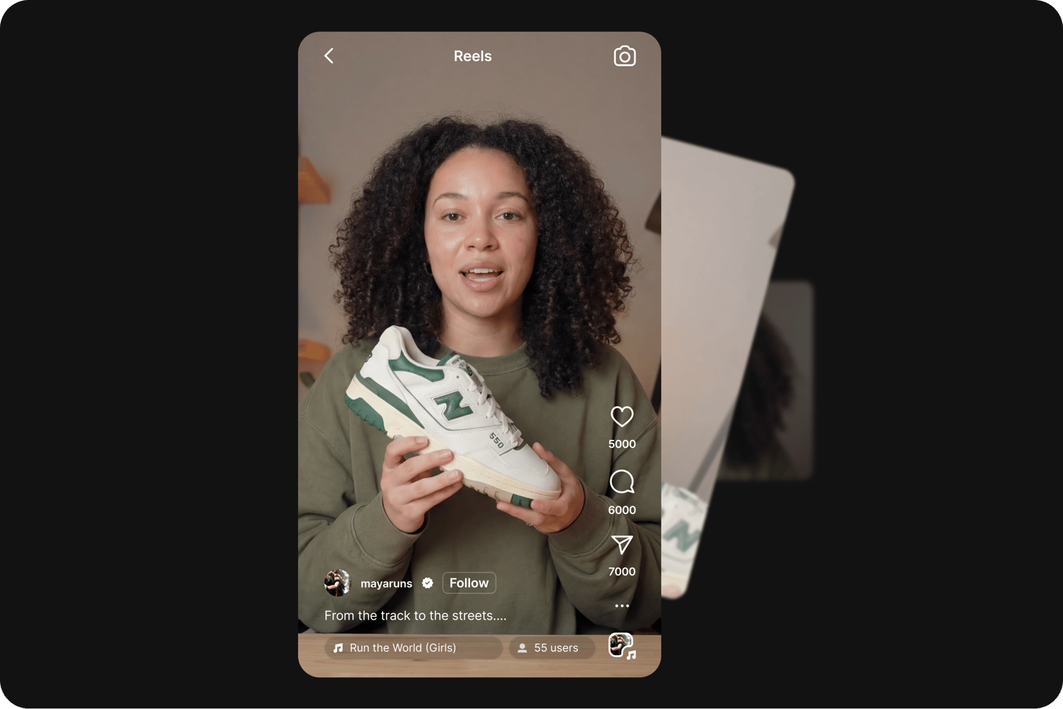 Woman presenting sneaker in vertical social video with editing controls for trimming and cutting clips for social media content