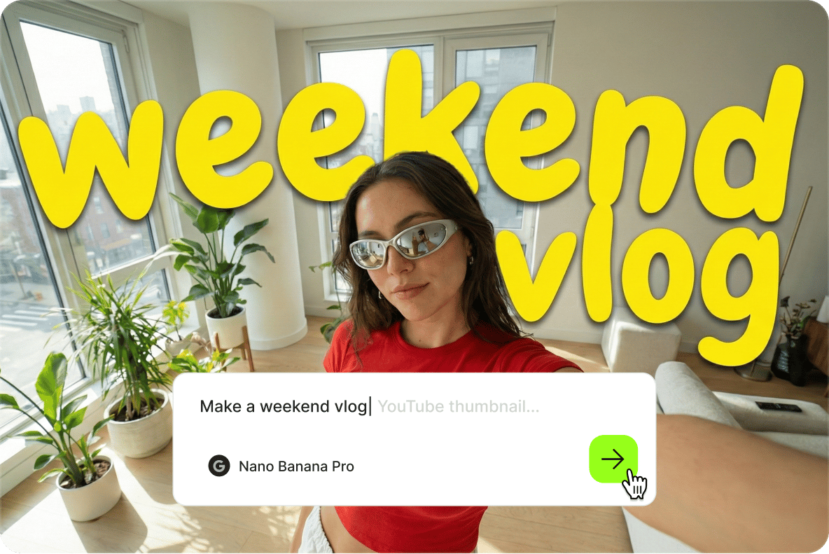A woman in an apartment taking a selfie with a text prompt to 'Make a weekend vlog youTube Thumbnail' inside the VEED interface.