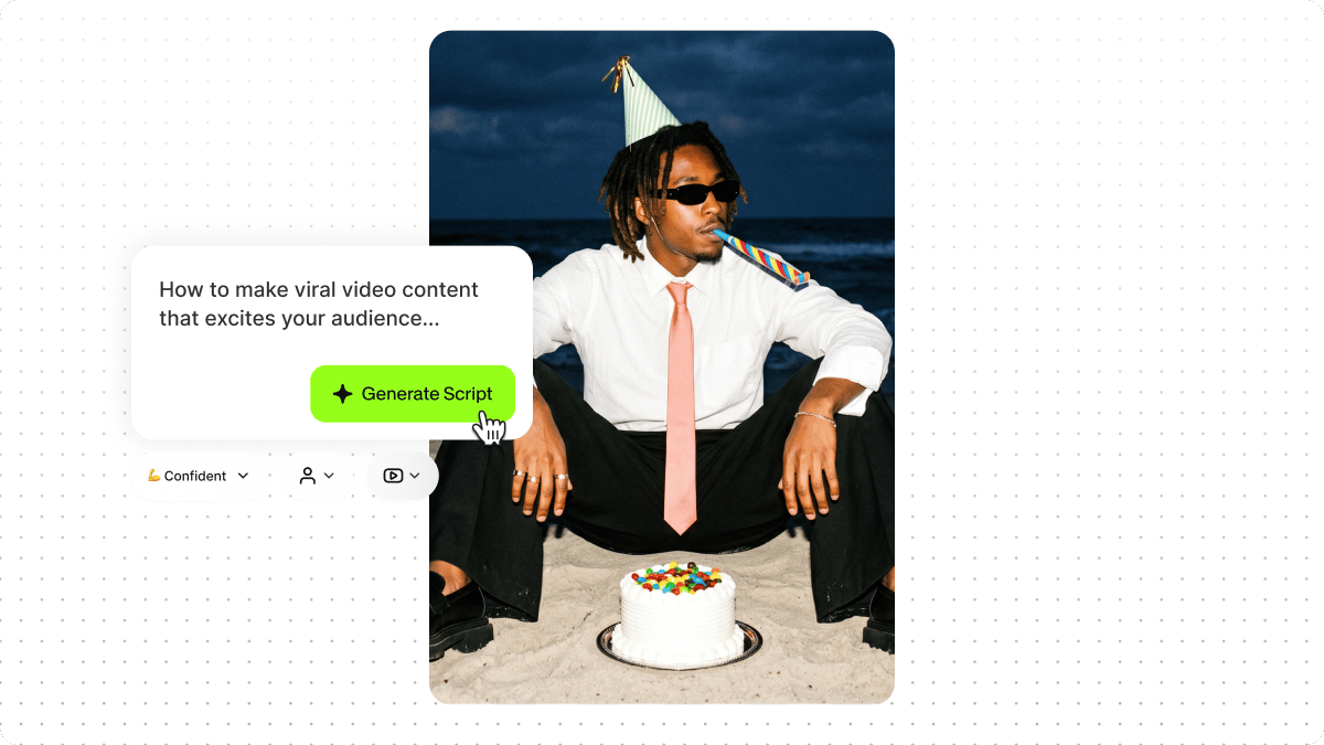 TikTok caption generator interface showing a man in a party hat on a beach with a generate script prompt box