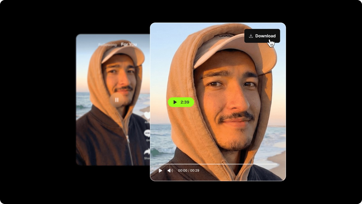 TikTok downloader demo showing video player frames of a man in a hoodie at the beach with a download button