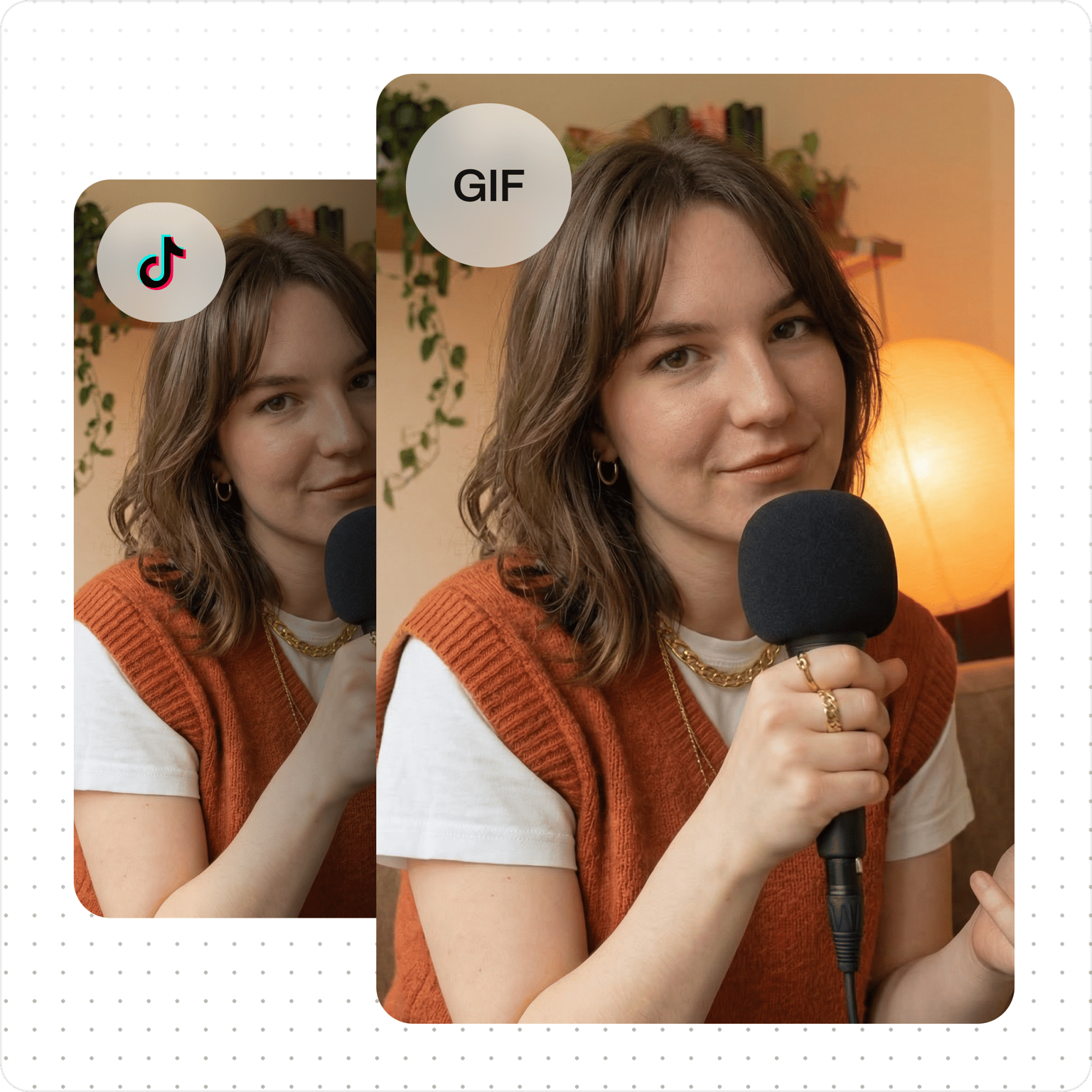 TikTok to GIF tool showing a TikTok logo and GIF text over a woman in an orange sweater holding a microphone