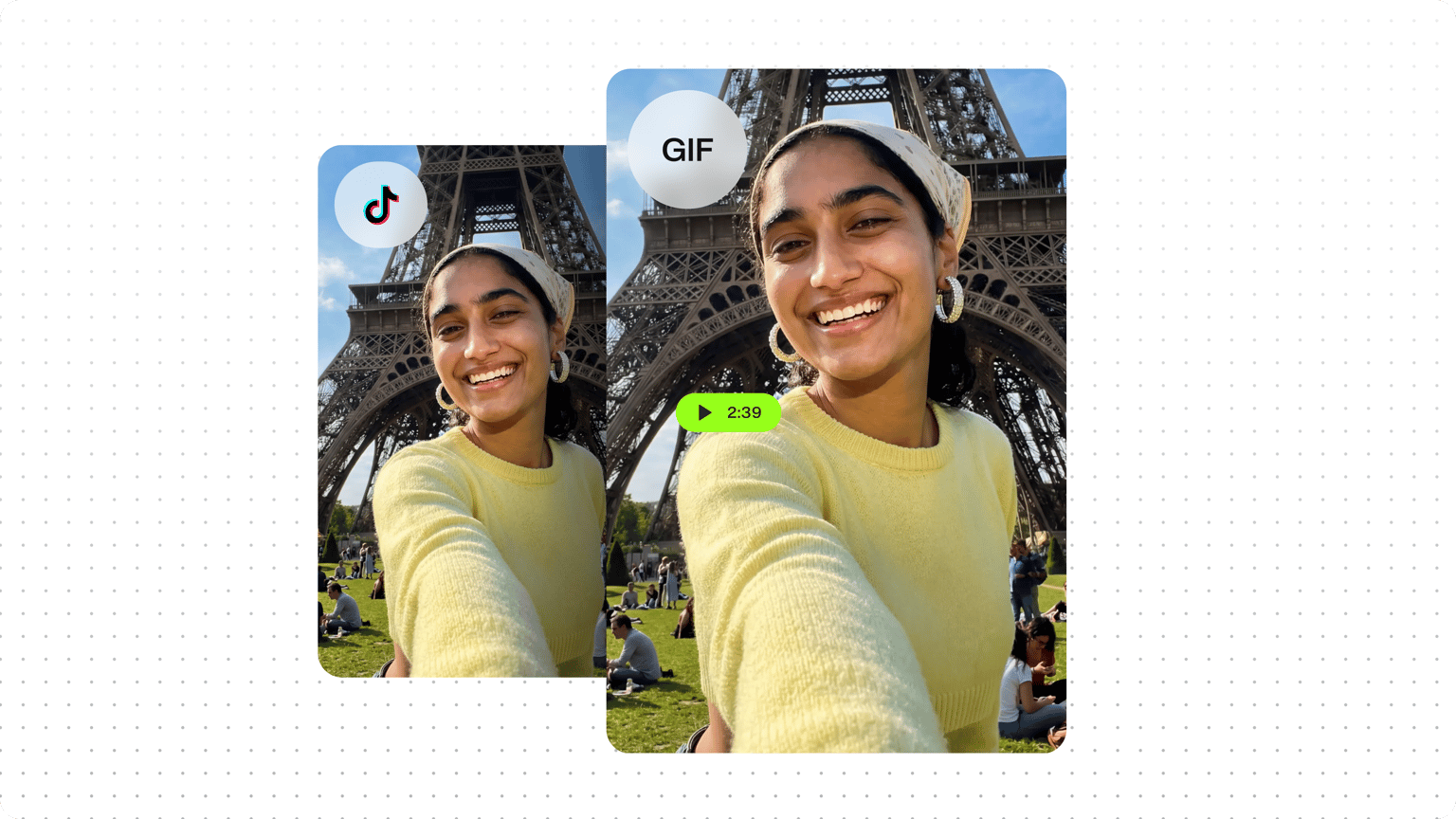TikTok to GIF demo showing a TikTok logo and GIF text over a video of a woman in a yellow sweater at the Eiffel Tower