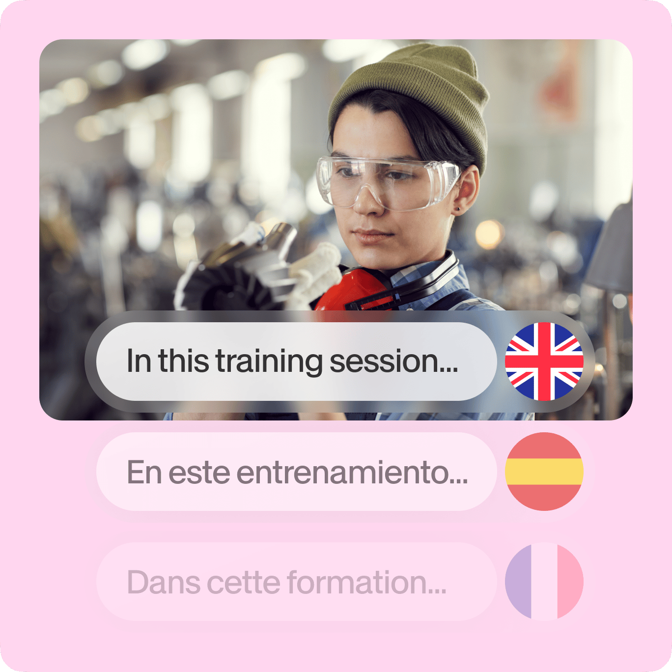 VEED's translation feature showing training session content translated into English, Spanish, and French with country flags.