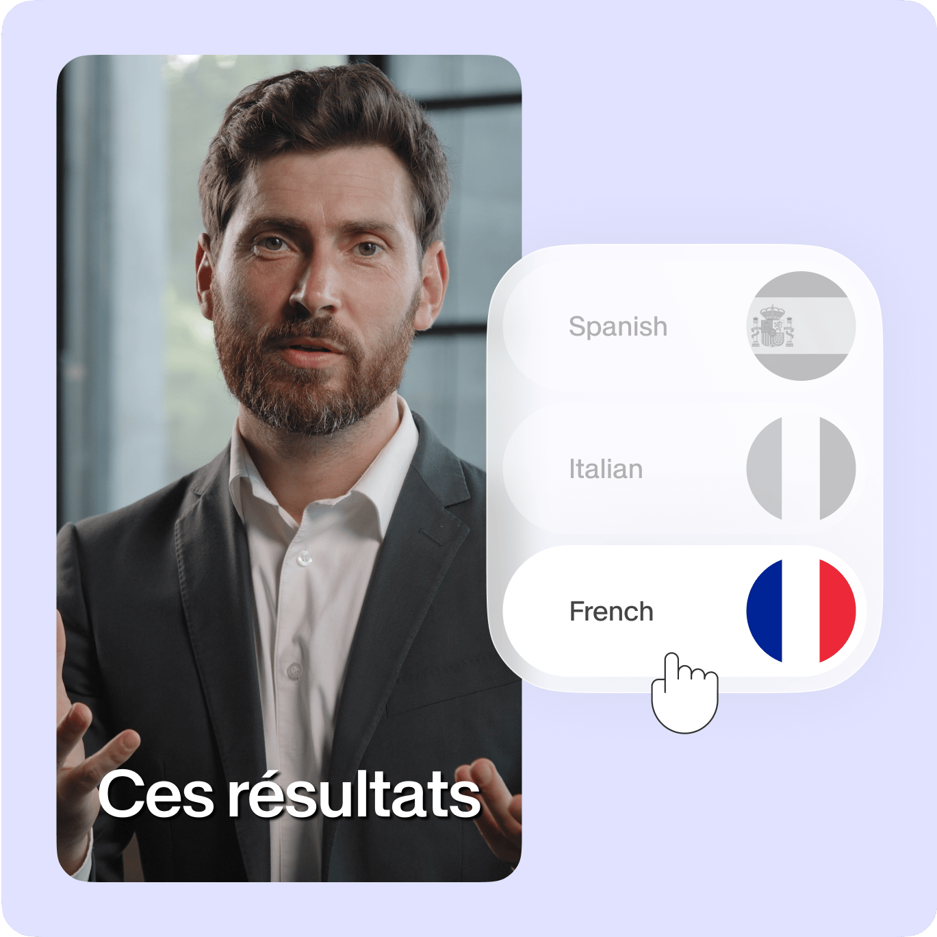 VEED translation feature demonstrating language selection for translating video content into Spanish, Italian, and French.