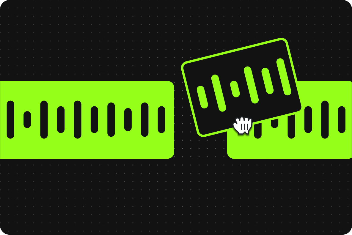 A hand cursor rearranging sound wave segments in an audio joiner interface.