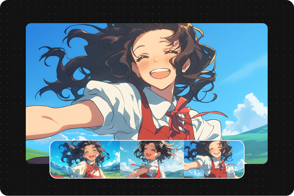 Animated anime style girl smiling in a sunny field shown across video frames in VEED AI animation generator.