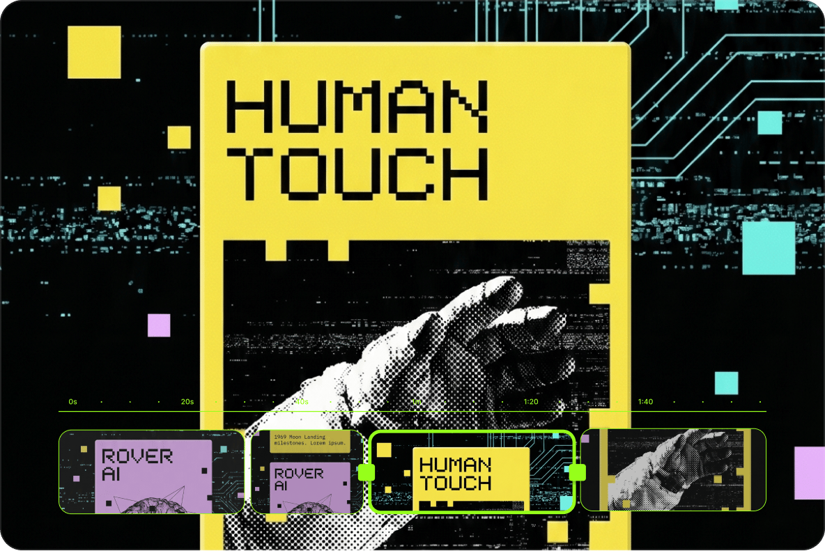 Video editing timeline showing human touch and rover AI infographic frames inside the VEED video editor.