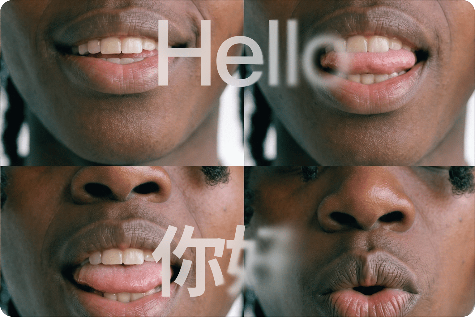 Four close ups of a mouth with the words Hello and 你好 overlaid, showing English and Chinese speech