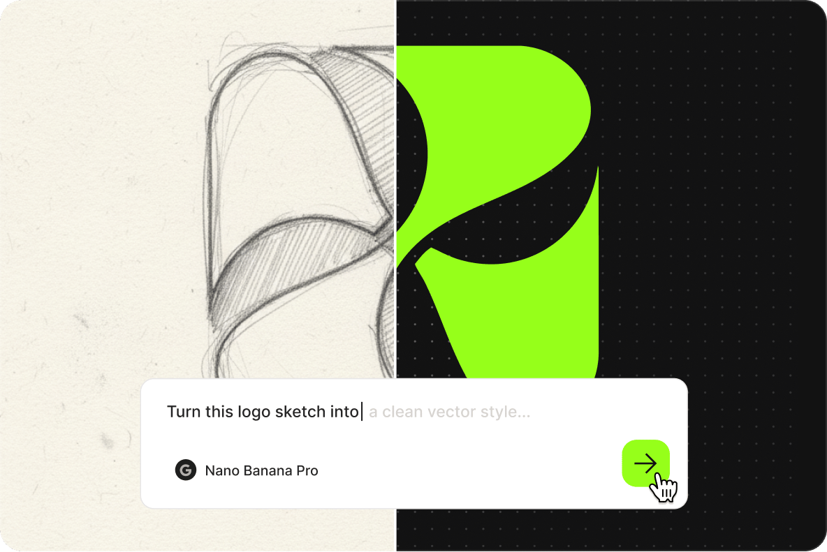 Split screen showing a pencil drawing transformed into a clean green vector graphic using VEED AI logo maker.