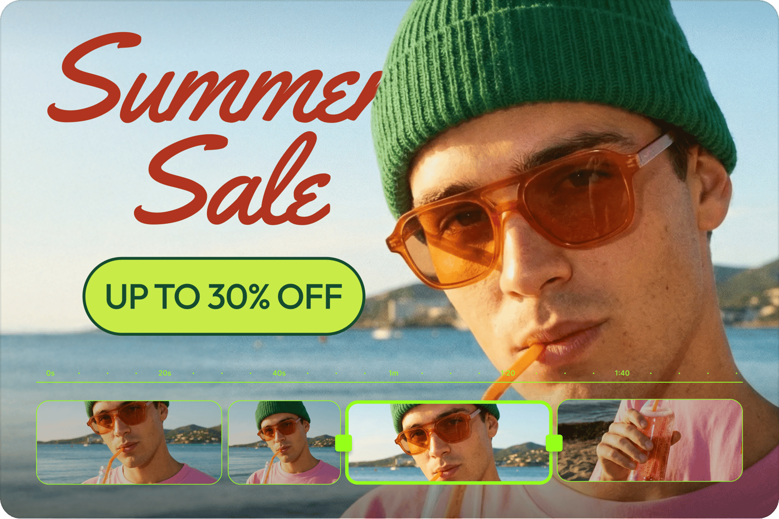 Static ads tool showing Summer Sale up to 30 percent off overlay with video editor timeline on beach scene