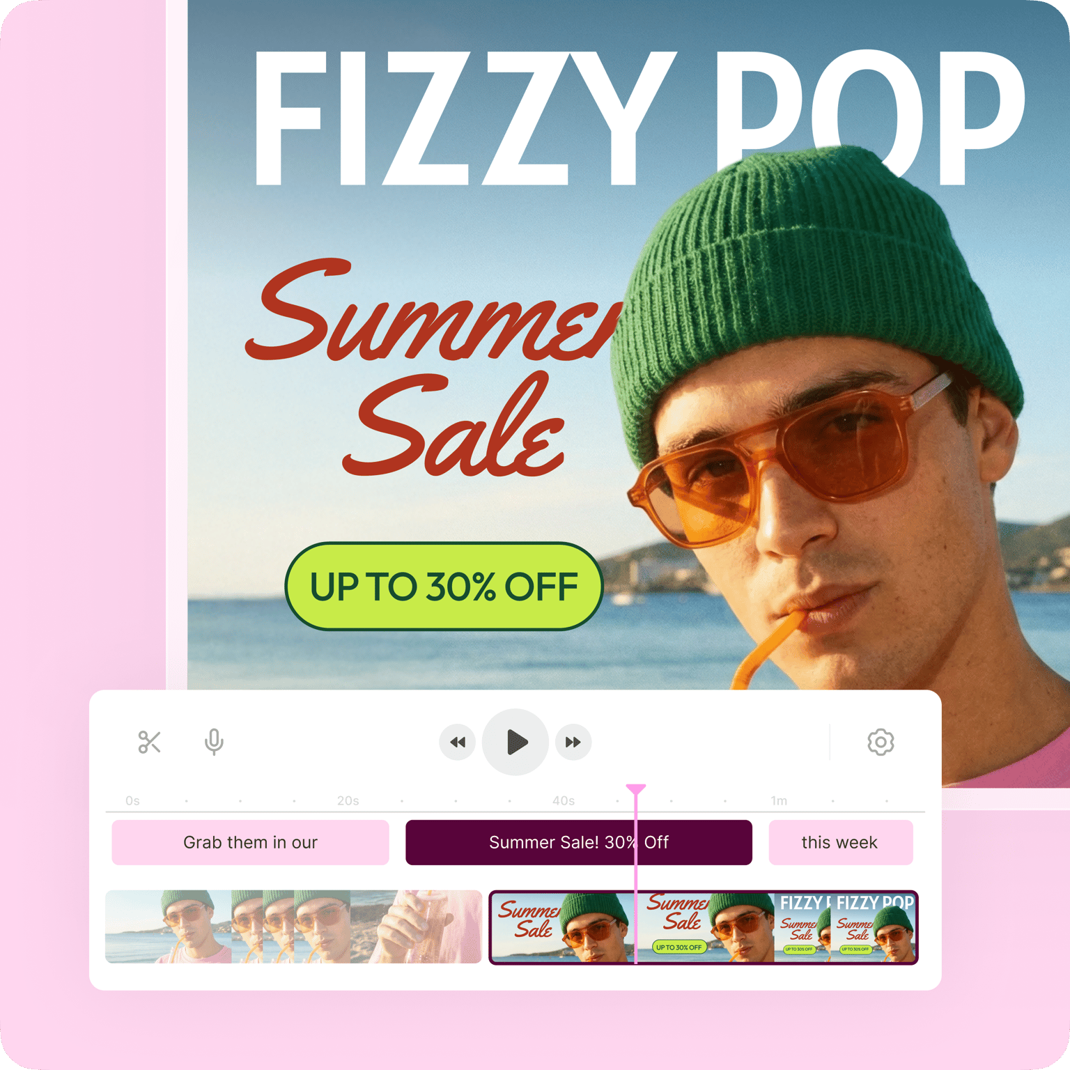 VEED's Dynamic Ads converting a Fizzy Pop Summer Sale ad—'UP TO 30% OFF'—into video content.