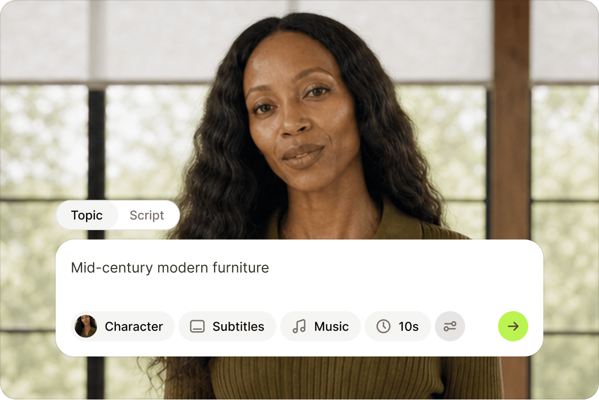 Woman standing in front of large windows with a VEED prompt pop up asking what you want your character to say.