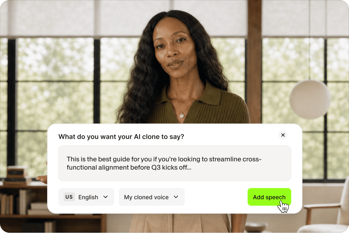 Woman standing in front of large windows with a VEED prompt pop up asking what you want your character to say.