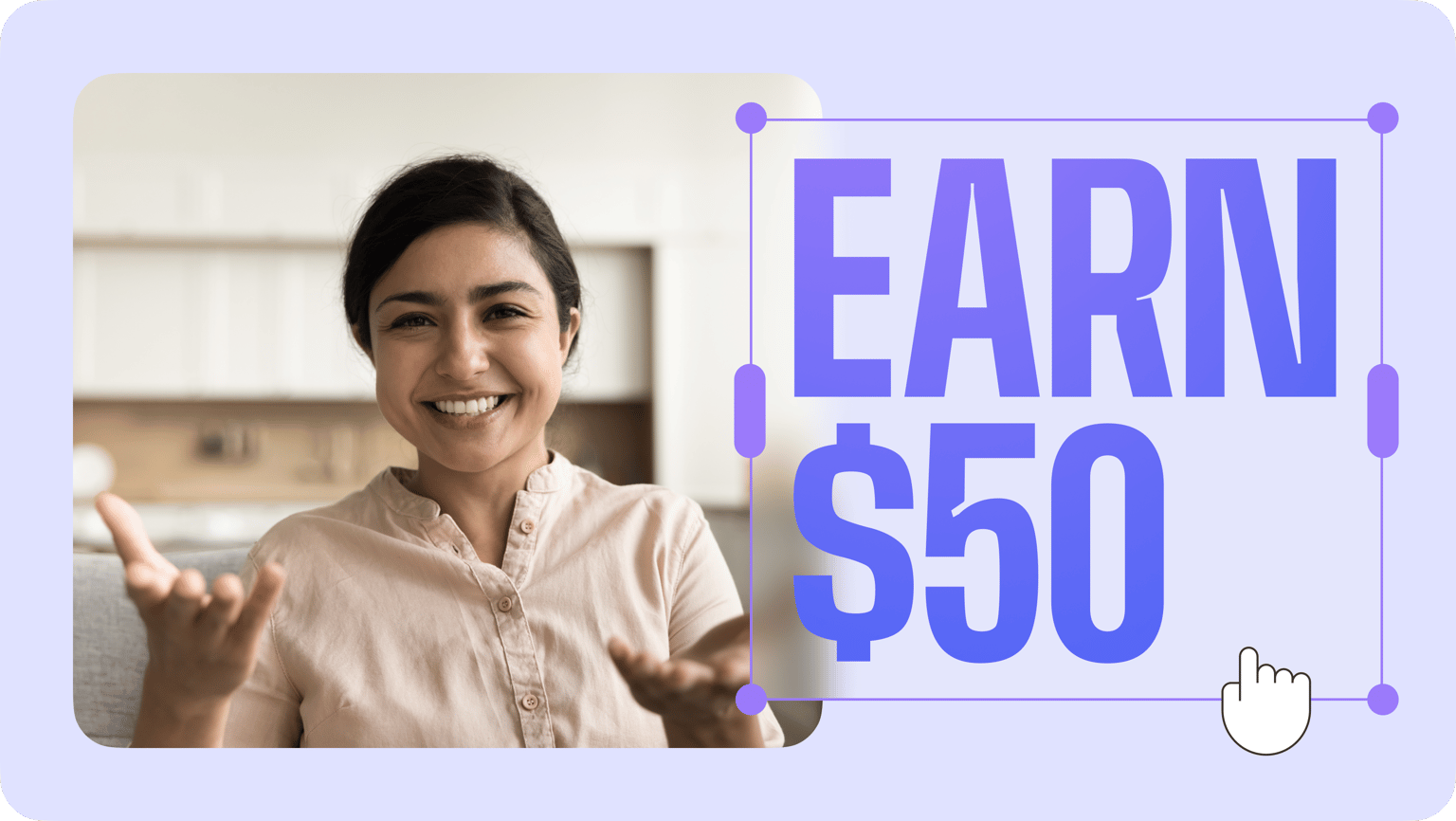 Promotional graphic for VEED's earn $50 incentive program with a man presenting the offer text in an editing interface.