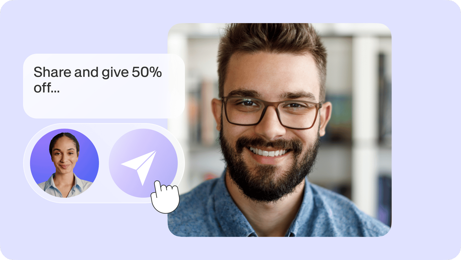 VEED's share-and-earn program featuring 'Share and give 50% off...' promotion with referral interface and sharing icon.
