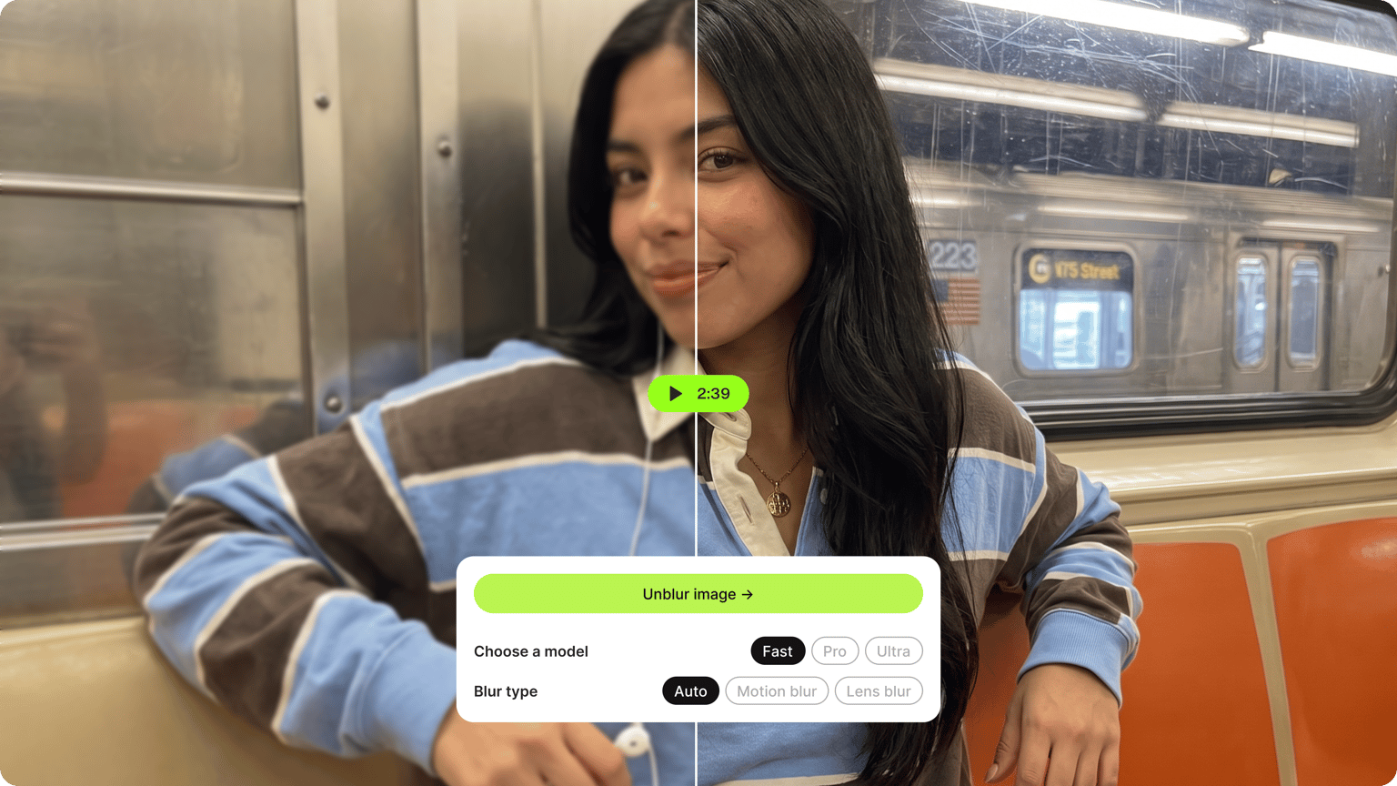 Before and after of a woman on a subway, blurry left and sharp right, with unblur image button and model and blur type options