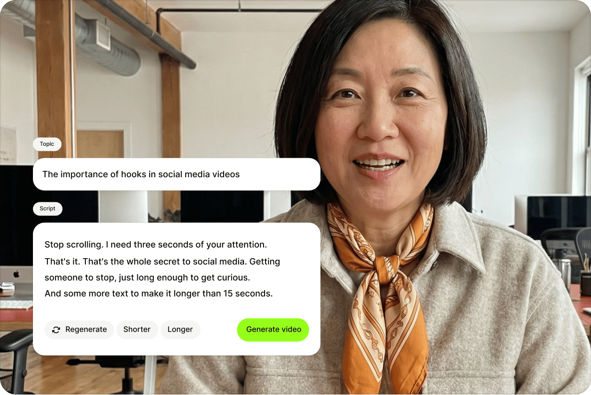 Woman smiling over AI video generator script for social media marketing video topic.
