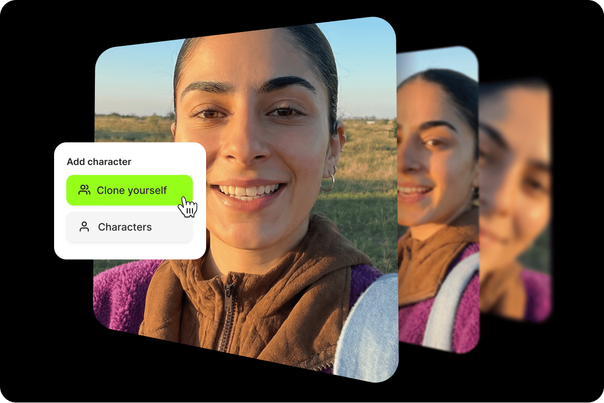 Woman smiling outdoors with a stacked menu showing VEED options to clone yourself in a video generator.