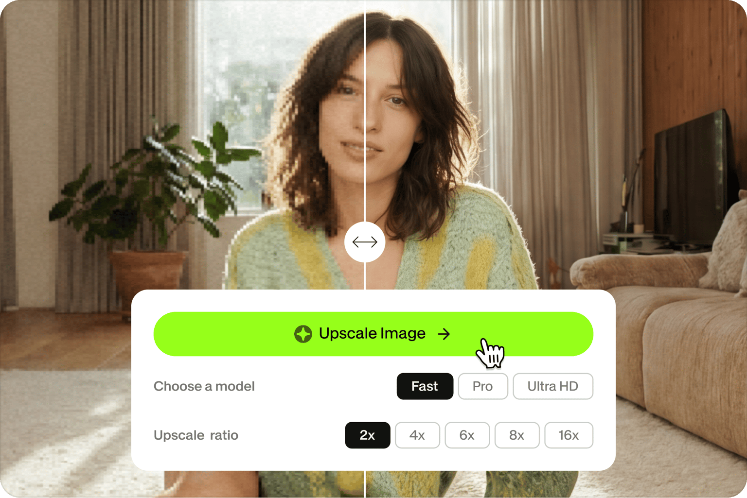 Before and after split of a woman in a living room, pixelated left and sharp right, with upscale image button and model and ratio options