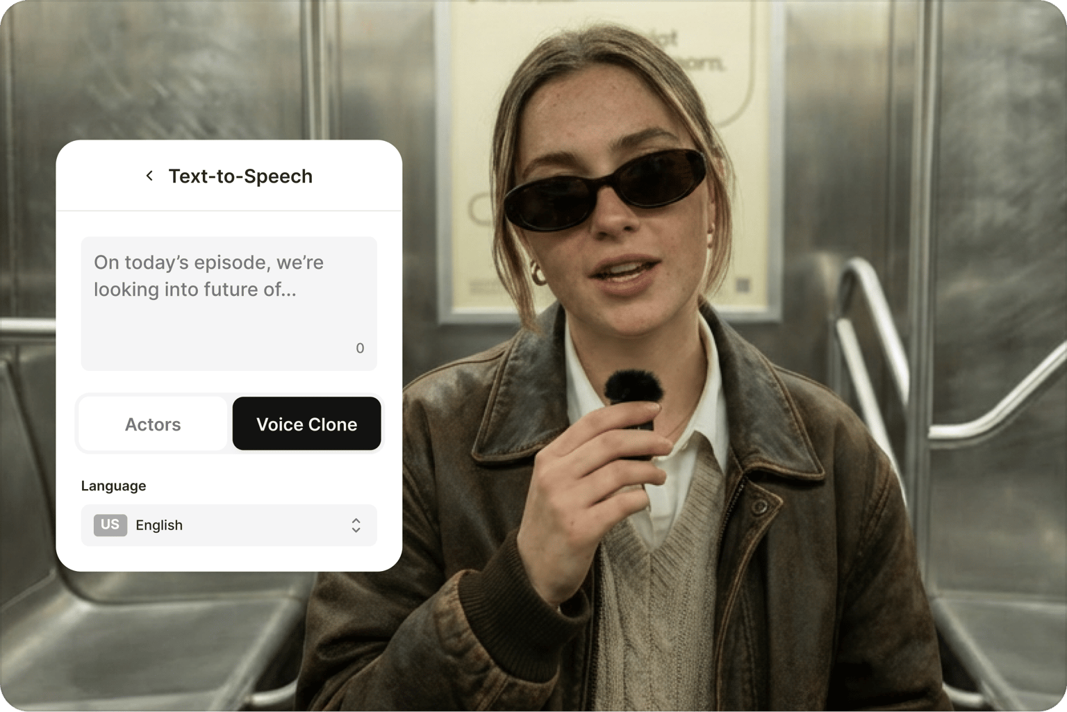 Text to speech interface showing a woman with sunglasses speaking into a lapel mic on a train with voice clone settings
