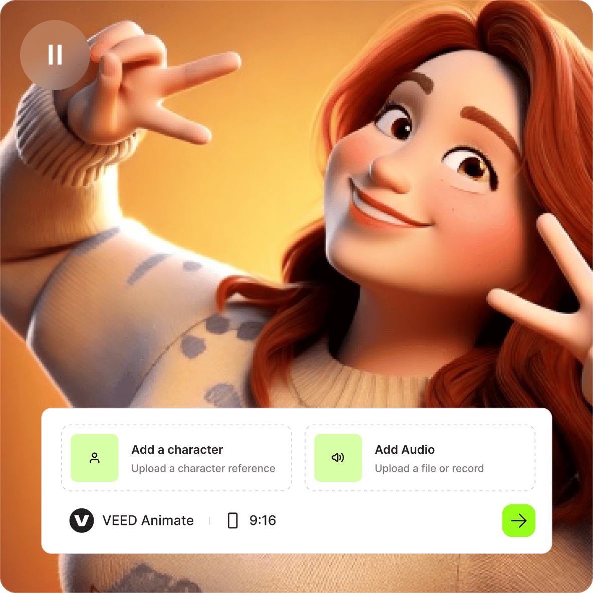 Animated 3D female character with red hair giving a peace sign generated with VEED Animate video to video model