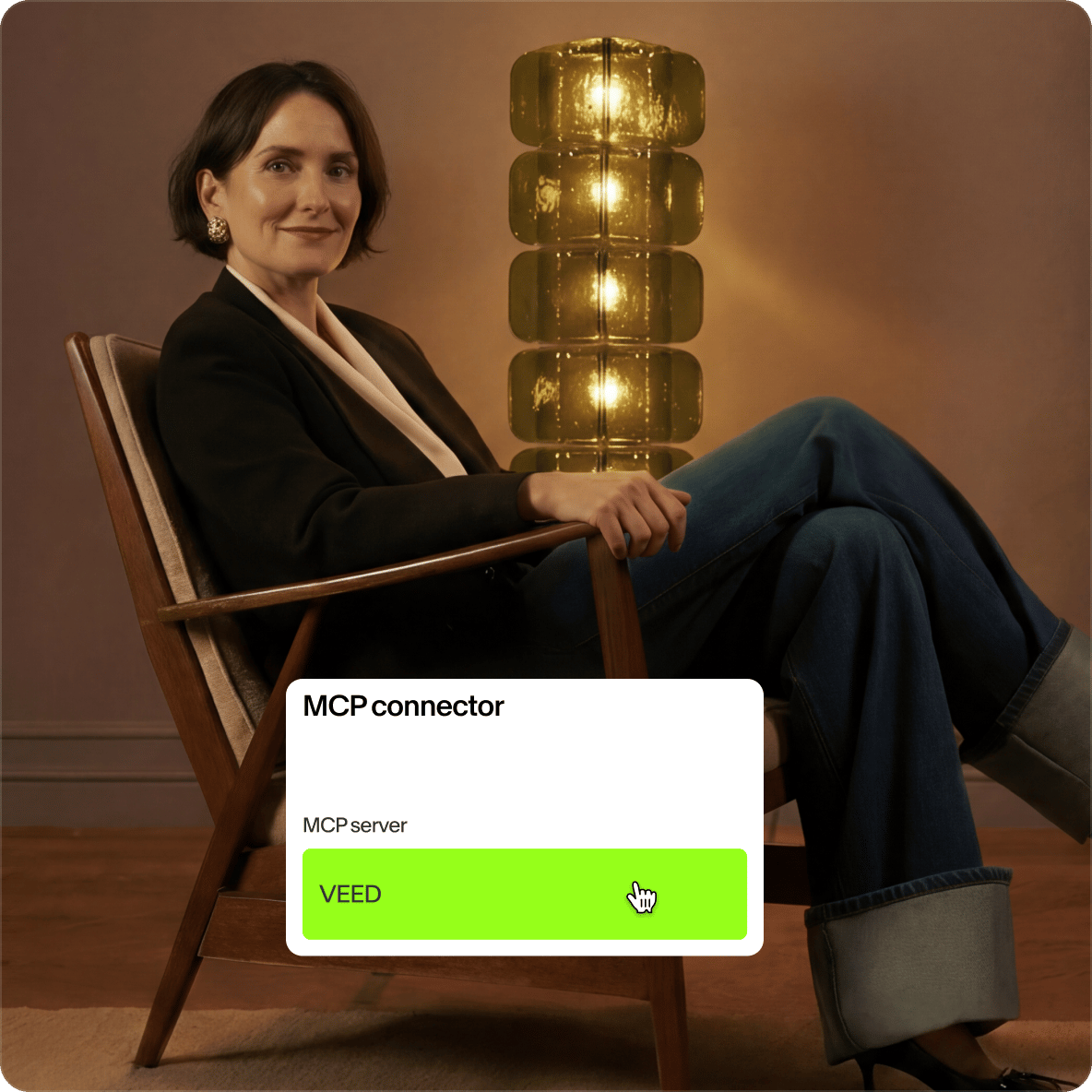 Woman in blazer sitting near lamp overlay showing VEED MCP connector server option.