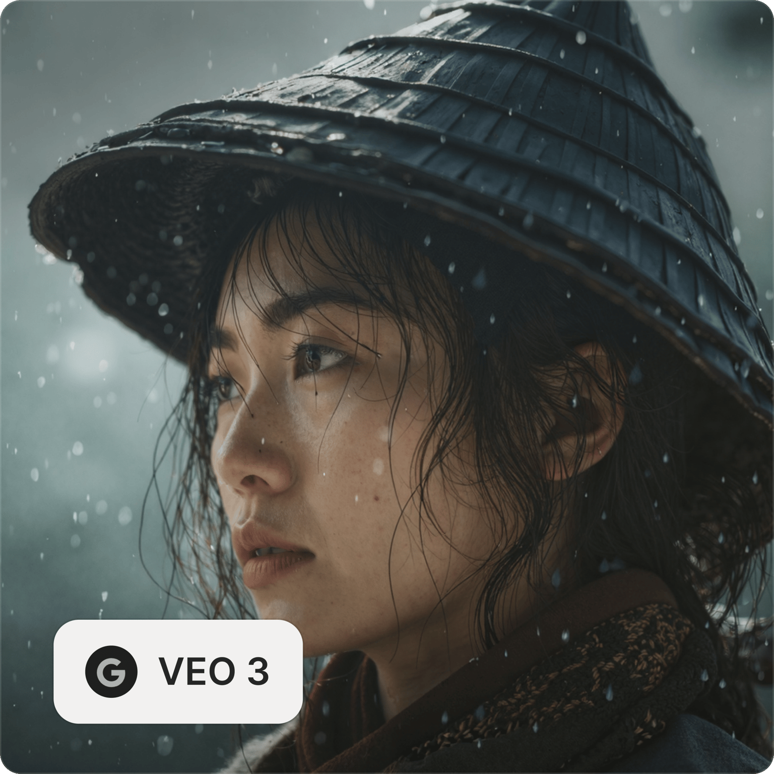 VEO 3 text to video model showing a close up of a woman wearing a traditional conical straw hat in the rain