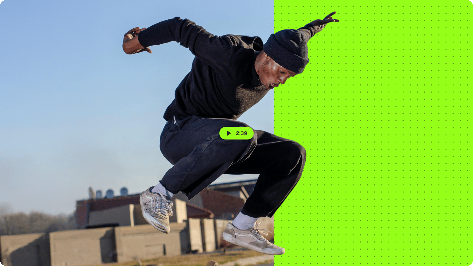 Video Background Remover demo thumbnail with man jumping and split background showing original scene and removed background effect