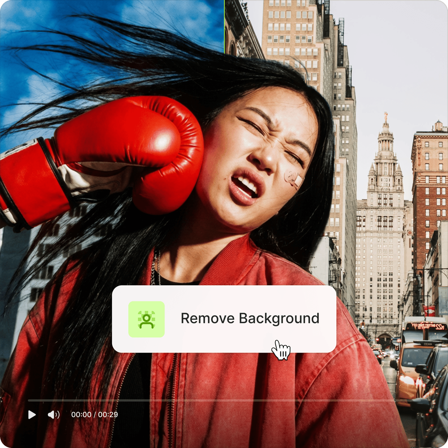 Video Background Remover demo thumbnail with woman in boxing glove against split city background and remove background button