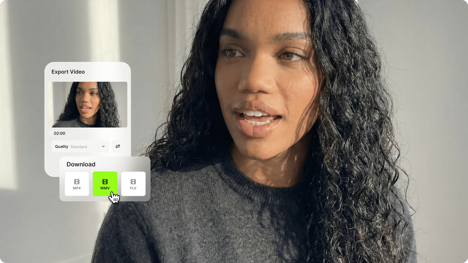 Curly haired woman with an export video menu dashboard overlay showcasing options to change format or download.